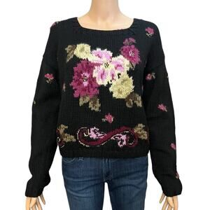 90s Carole Little Floral Sweater Large Hand Knit Grannycore Cottagecore Wool